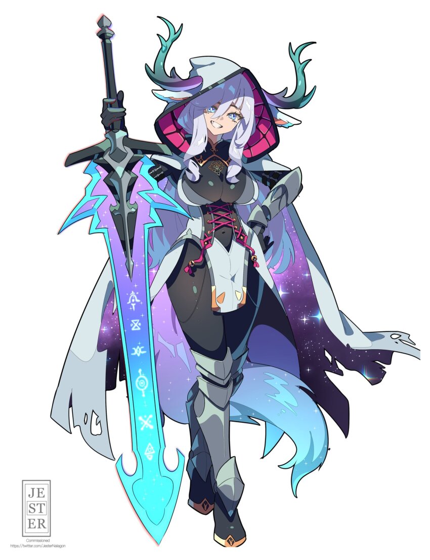 1girl, :d, animal_ears, armor, black_bodysuit, blue_eyes, bodysuit, boots