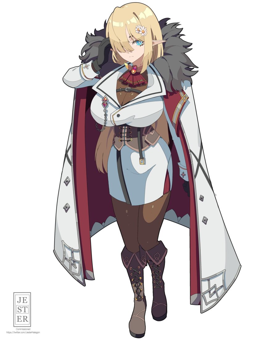 1girl, belt, black_fur, black_gloves, blonde_hair, blue_eyes, boots, breasts