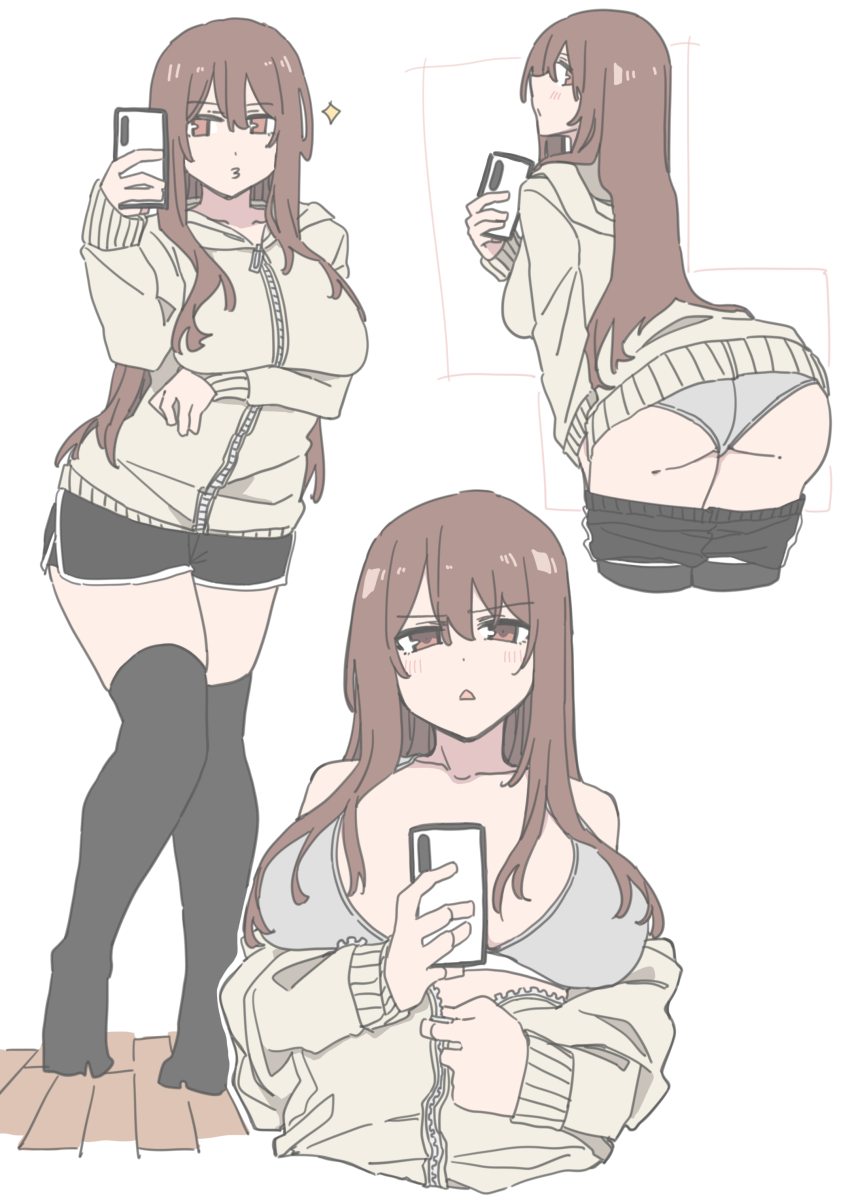 1girl, absurdres, arm_under_breasts, ass, black_thighhighs, breasts, brown_eyes, brown_hair