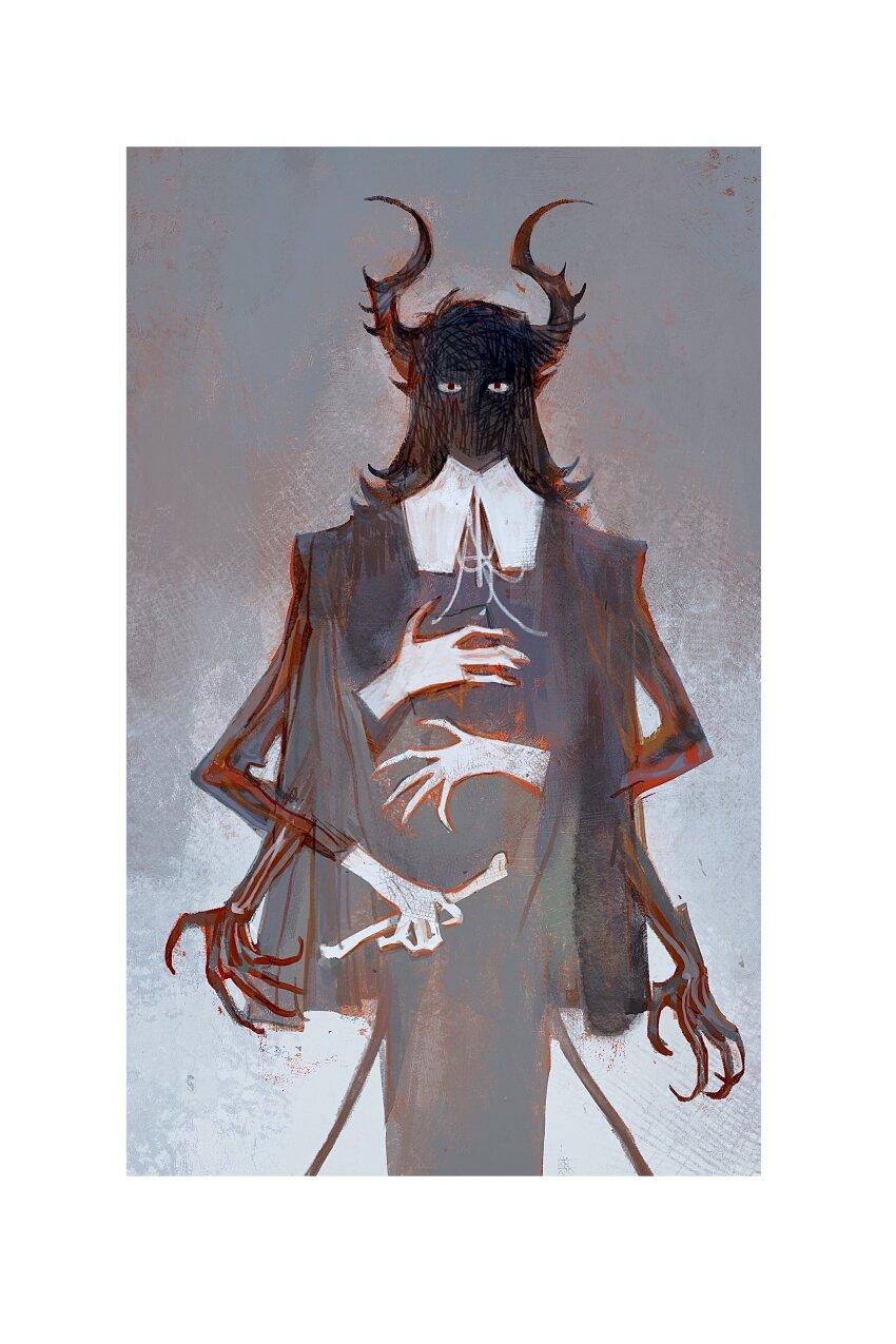 1boy, abaddon_(haunted_hotel), absurdres, black_eyes, black_hair, bone, capelet, claws, cowboy_shot, demon_boy, demon_horns, demon_tail, extra_arms, grey_capelet, haunted_hotel, highres, holding, holding_bone, horns, long_hair, looking_at_viewer, male_focus, pointy_ears, red_eyes, solo, ssaggy15, tail