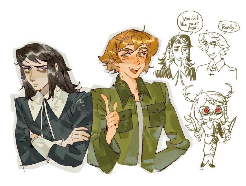 1boy, 1girl, abaddon_(haunted_hotel), abaddon_(human)_(haunted_hotel), black_coat, black_hair, blue_eyes, brown_eyes, coat, crossed_arms, english_text, esther_freeling, green_coat, hand_up, haunted_hotel, highres, index_finger_raised, long_hair, looking_at_viewer, multiple_views, orange_hair, short_hair, simple_background, ssaggy15, upper_body, white_background