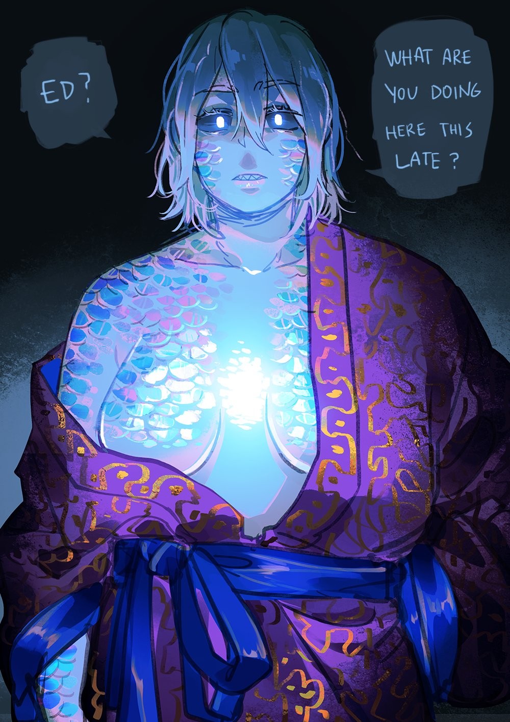 1girl, blue_scales, fish_girl, glowing, glowing_eyes, highres, iridescent, iridescent_hair, iridescent_skin, lips, looking_at_viewer, original, oskar_(sframboob), pov, robe, scales, sframboob, sharp_teeth, shiny_skin, speech_bubble, teeth