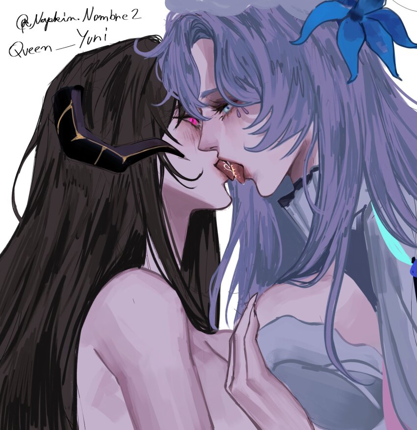 2girls, absurdres, artist_name, black_hair, blue_eyes, blue_flower, blush, breast_press, breasts, cantarella_(wuthering_waves), center_opening, commentary, the_dahlia_(honkai:_star_rail), couple, crossover, demon_girl, demon_horns, dress, english_commentary, face-to-face, facial_mark, flower, french_kiss, frilled_dress, frills, from_side, glowing, glowing_eyes, grabbing_another's_breast, groping, hair_between_eyes, hair_flower, hair_ornament, heads_together, highres, honkai:_star_rail, honkai_(series), horns, huge_breasts, imminent_kiss, kiss, leaning_forward, leaning_on_person, long_hair, looking_at_another, multiple_girls, nude, open_mouth, purple_eyes, queen_yuri.mj, saliva, simple_background, standing, tattoo, tongue, tongue_out, tongue_tattoo, twitter_username, upper_body, wavy_hair, white_background, wuthering_waves, yuri