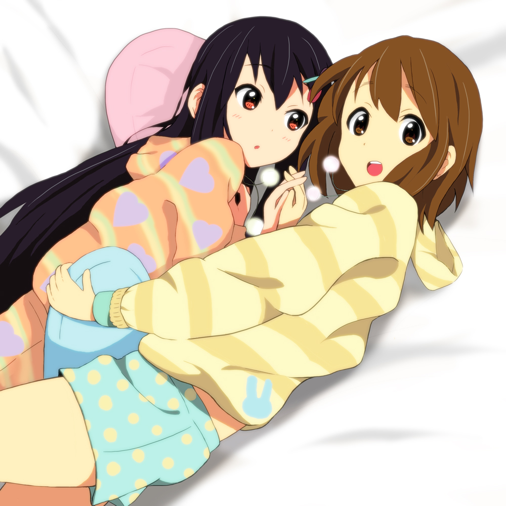 2girls, bed, bed_sheet, black_hair, blush, brown_eyes, brown_hair, rabbit