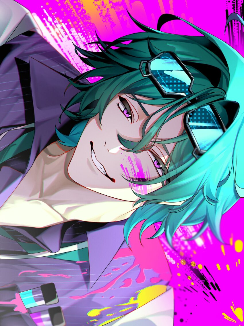 1boy, aqua_hair, blue-tinted_eyewear, elias_delborne, eyewear_on_head, first_stage_production, hair_between_eyes, highres, looking_at_viewer, male_focus, paint_splatter, paint_splatter_on_face, pink_eyes, purple_shirt, shirt, short_hair, sly_00, smile, solo, test_tube, tinted_eyewear, virtual_youtuber