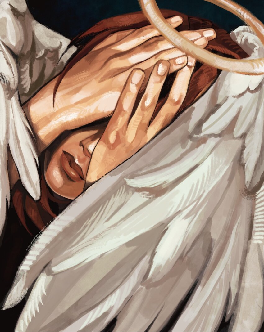 1boy, angel_devil_(chainsaw_man), angel_wings, chainsaw_man, commentary_request, feathered_wings, fingernails, halo, hands_on_own_face, highres, jinazugawa, lips, long_hair, male_focus, nose, solo, white_wings, wings