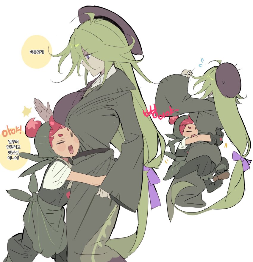 2girls, :d, ^_^, age_difference, ahoge, ankle_boots, annoyed, bare_arms, black_boots, black_gloves, black_overalls, boots, bow, breasts, closed_eyes, coat, collared_shirt, commentary_request, cookie_run, cookie_run:_witch's_castle, cropped_legs, feet_out_of_frame, flying_sweatdrops, from_side, full_body, gloves, green_hair, green_headscarf, grey_coat, hair_between_eyes, hair_bow, hair_bun, half-closed_eyes, hat, headscarf, highres, hug, humanization, korean_commentary, korean_text, large_breasts, long_hair, long_sleeves, looking_at_another, low-tied_long_hair, multiple_girls, multiple_views, ohta_guk_hip, open_clothes, open_coat, open_mouth, overalls, profile, purple_bow, purple_eyes, purple_hat, purple_sweater, radish_cookie, red_hair, rosemary_cookie, shirt, short_hair, short_sleeves, simple_background, single_hair_bun, smile, standing, sweatdrop, sweater, translation_request, very_long_hair, white_background, white_shirt, wide_sleeves