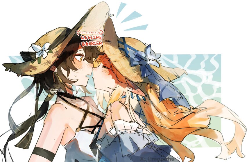 2girls, bare_shoulders, black_hair, blonde_hair, blue_dress, blush, cartethyia_(wuthering_waves), closed_eyes