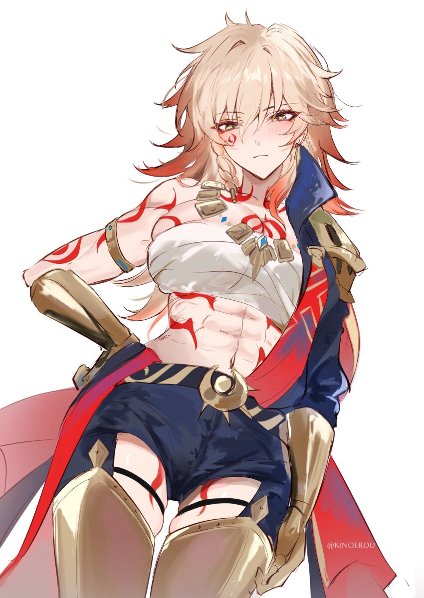 1girl, abs, absurdres, arm_tattoo, armlet, armored_boots, blonde_hair, boots