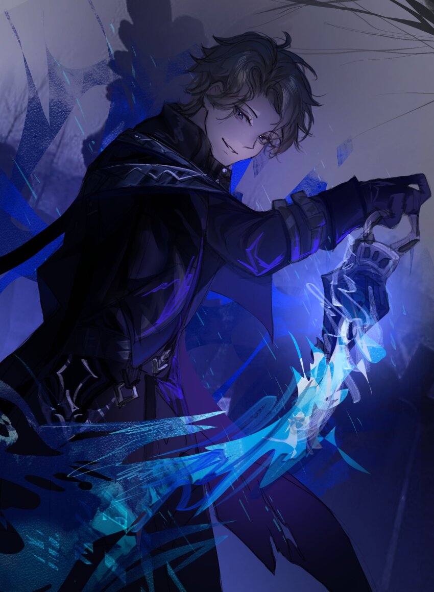 1boy, animification, black_coat, black_gloves, blonde_hair, blue_fire, coat, collared_capelet