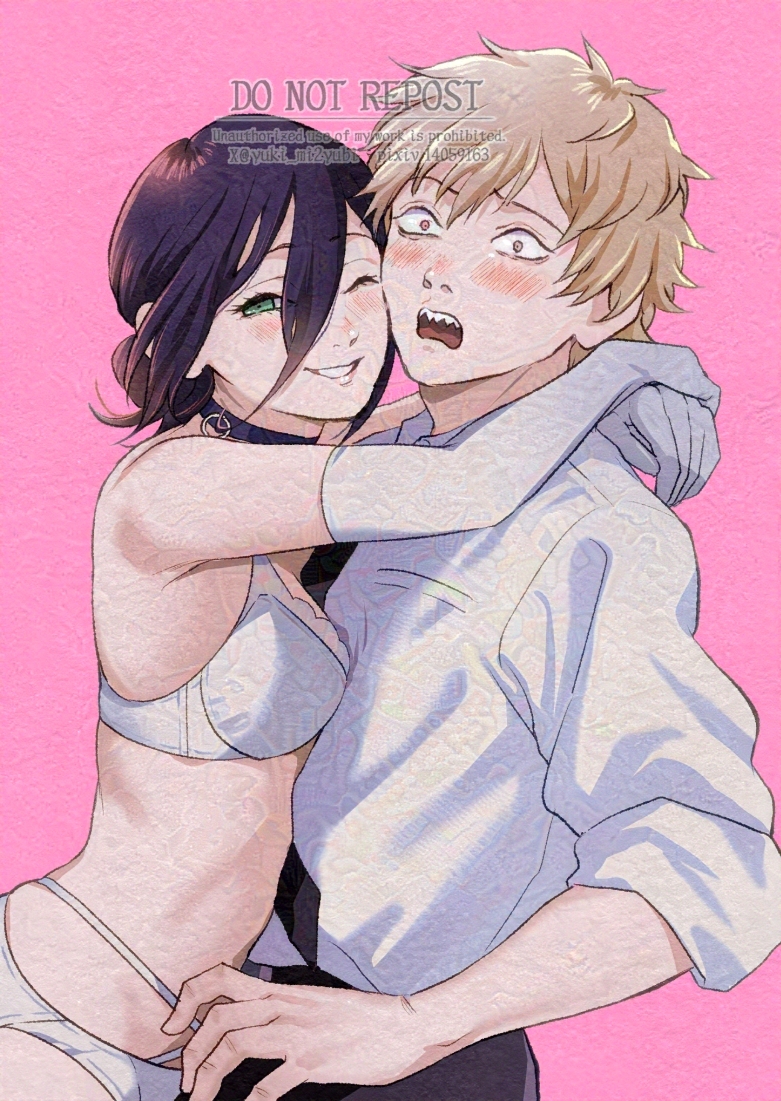 1boy, 1girl, adversarial_noise, black_necktie, blonde_hair, blush, bra, breasts