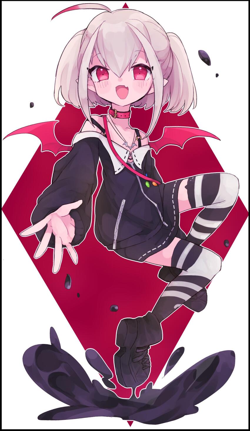 1girl, absurdres, ahoge, animal_ear_legwear, ankle_boots, asymmetrical_legwear, badge, bare_shoulders, belt_collar, black_boots, black_jacket, black_skirt, black_thighhighs, blush, boots, border, button_badge, cat_ear_legwear, collar, collarbone, colored_tips, demon_wings, diamond_border, dyed_ahoge, fang, floating, full_body, grey_hair, hair_between_eyes, highres, jacket, jewelry, looking_at_viewer, makaino_ririmu, makaino_ririmu_(2nd_costume), medium_hair, mikusan, miniskirt, mismatched_legwear, multicolored_hair, necklace, nijisanji, off-shoulder_jacket, off_shoulder, open_hand, open_mouth, outline, outside_border, platform_boots, pointy_ears, reaching, reaching_towards_viewer, red_background, red_collar, red_eyes, red_straps, red_streaks, red_wings, shoulder_strap, sidelocks, skin_fang, skirt, sleeves_past_wrists, smile, solo, strap_slip, streaked_hair, striped_clothes, striped_thighhighs, thighhighs, twintails, virtual_youtuber, white_border, white_outline, white_thighhighs, wings, zettai_ryouiki, zipper, zipper_pull_tab