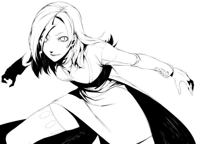 1girl, aikawa_jun, coat, earrings, female_focus, greyscale, highres, irohara_mitabi