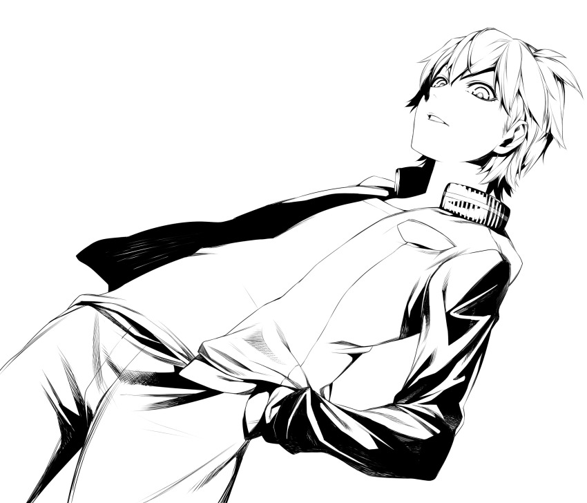 1boy, dutch_angle, greyscale, hands_in_pockets, highres, ii-chan, irohara_mitabi, lineart