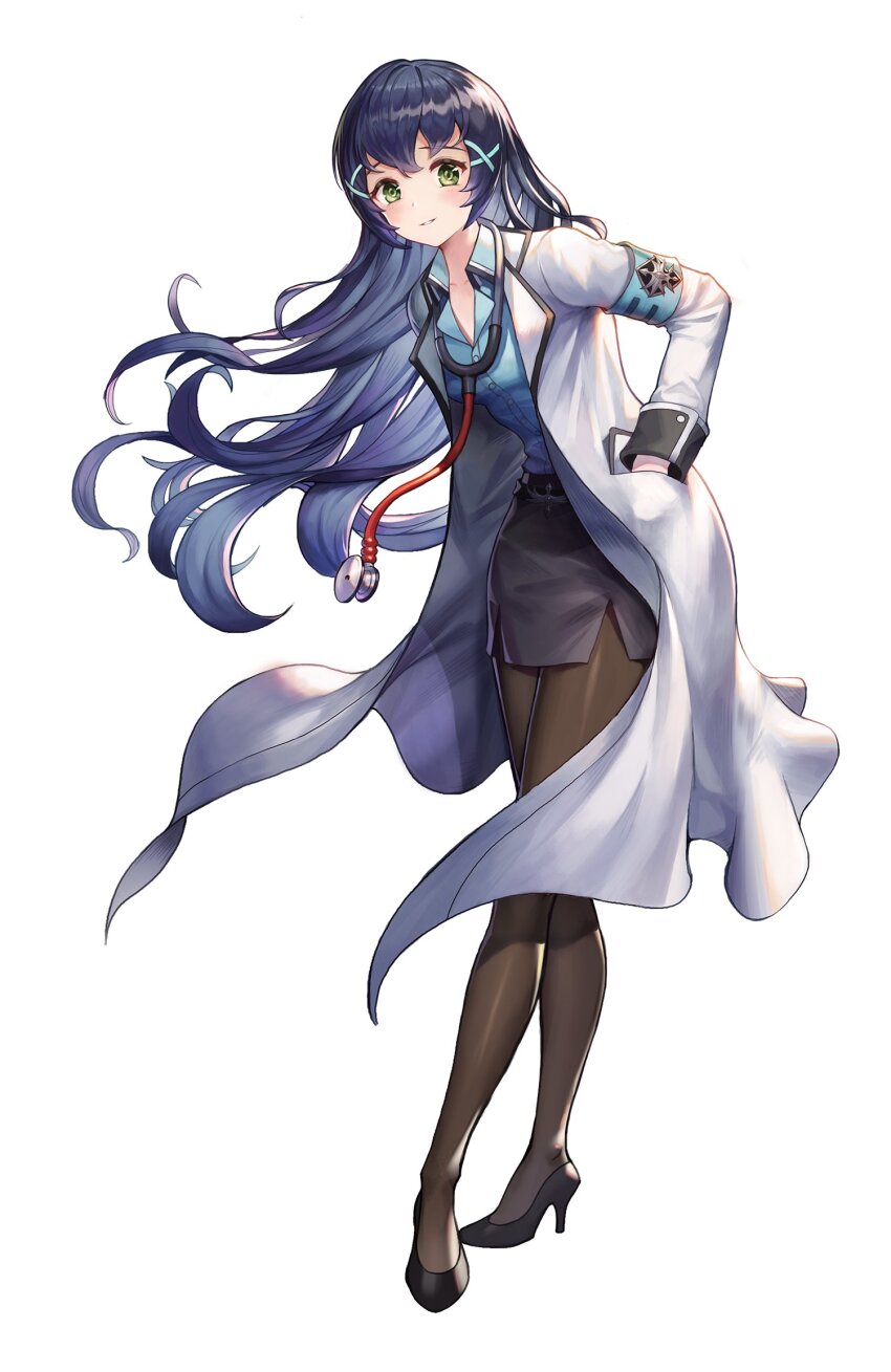 1girl, armband, artist_request, belt, belt_buckle, black_belt, black_hair, black_pantyhose