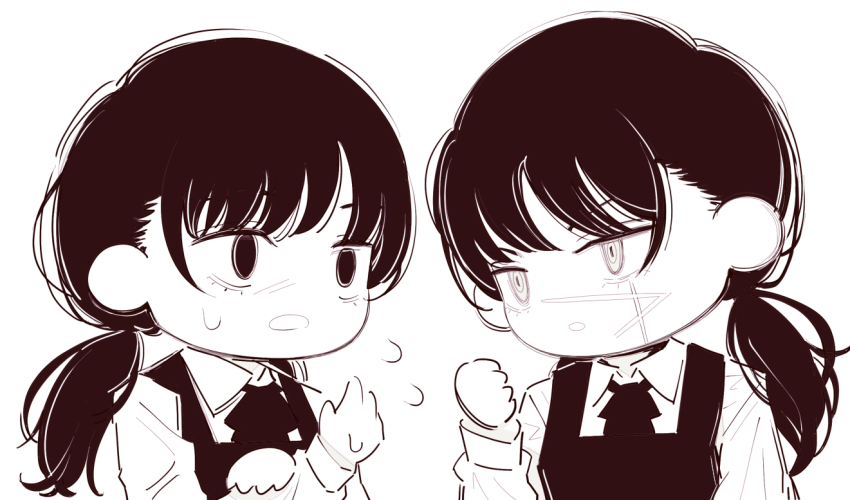 2girls, chainsaw_man, chibi, chibi_only, deer60868637, dress, facial_scar, flying_sweatdrops