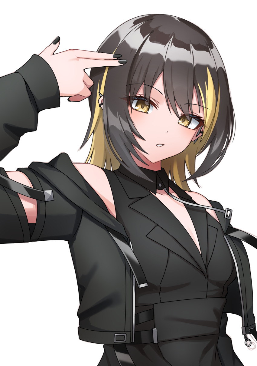 1girl, absurdres, black_hair, black_jacket, black_nails, black_shirt, blonde_hair, blush, breasts, camellia_90, cometik_note_(idolmaster), commentary, ear_piercing, eyelashes, finger_gun, finger_gun_to_head, fingernails, hand_up, highres, idolmaster, idolmaster_shiny_colors, ikaruga_luca, jacket, long_sleeves, looking_at_viewer, medium_hair, multicolored_hair, nail_polish, parted_lips, piercing, shirt, sidelocks, simple_background, small_breasts, solo, two-tone_hair, upper_body, white_background, yellow_eyes
