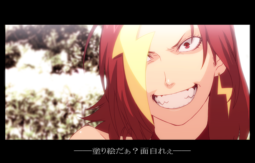 1girl, aikawa_jun, blonde_hair, border, earrings, fangs, female_focus, grin