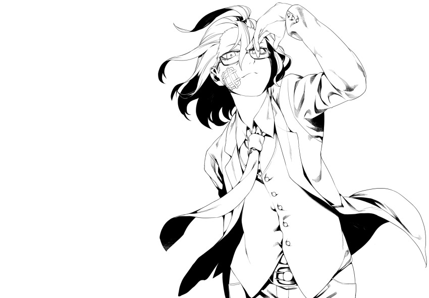 1boy, bandages, formal_clothes, glasses, greyscale, highres, irohara_mitabi, lineart