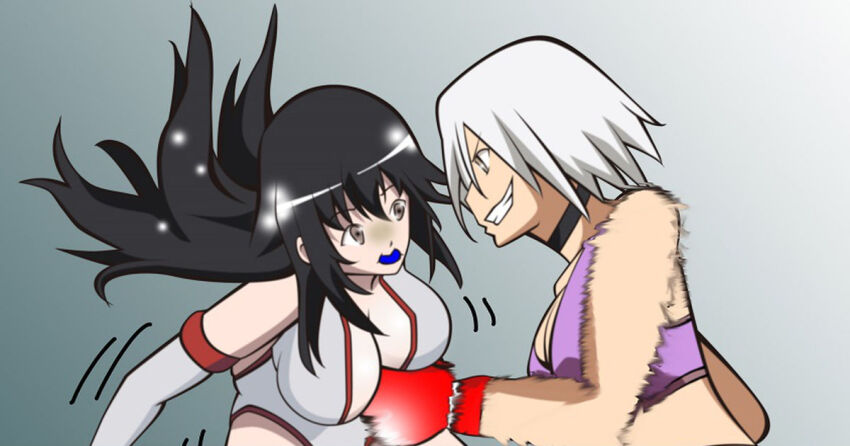 black_choker, black_hair, boxing, boxing_gloves, breasts, choker, cleavage, evil_grin