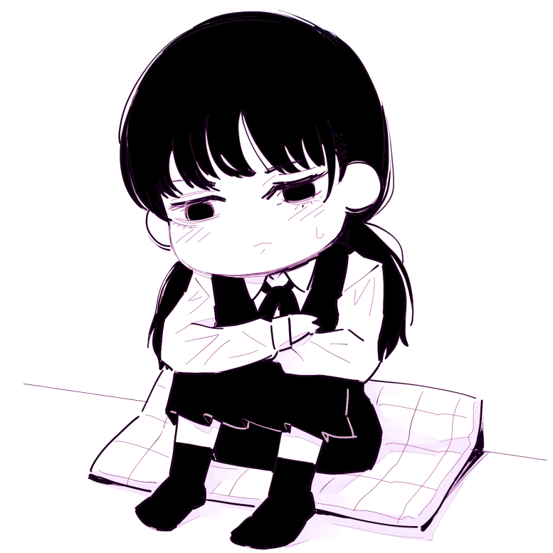 1girl, chainsaw_man, chibi, chibi_only, closed_mouth, collared_shirt, cushion, deer60868637, dress, fourth_east_high_school_uniform, frown, knees_up, long_hair, long_sleeves, low_twintails, mitaka_asa, monochrome, pinafore_dress, sad, school_uniform, shirt, sitting, sleeveless, sleeveless_dress, socks, solo, twintails