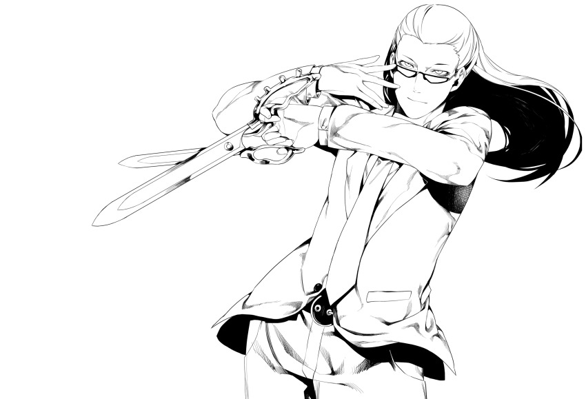1boy, belt, formal_clothes, glasses, greyscale, highres, irohara_mitabi, lineart
