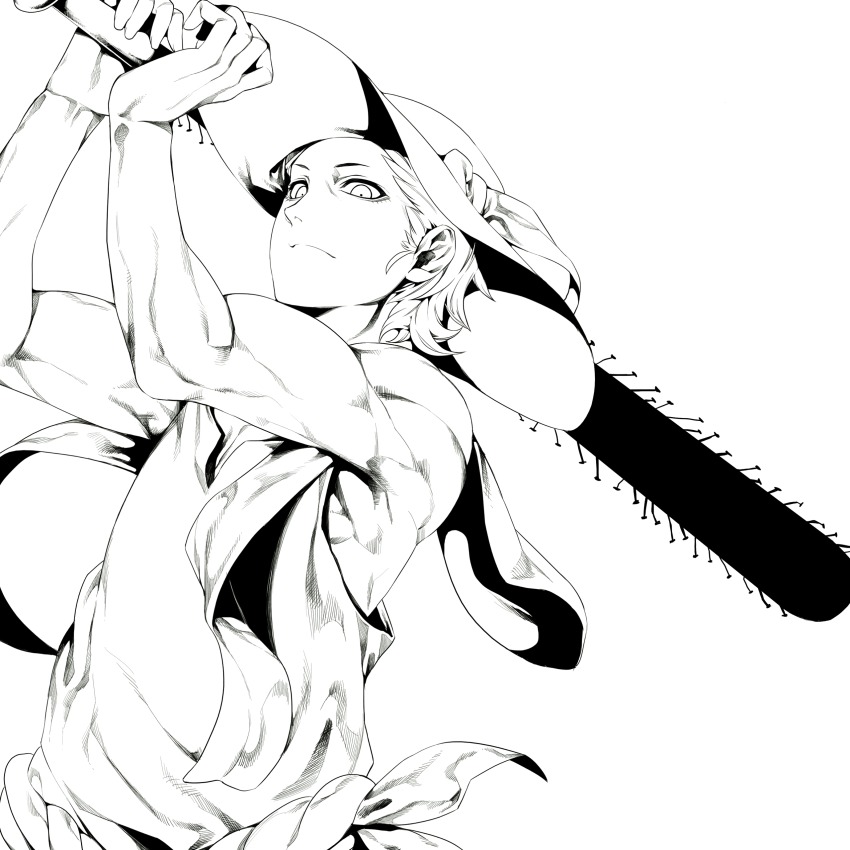 1boy, absurdres, baseball_bat, hat, highres, irohara_mitabi, lineart, male_focus, monochrome, muscular, nail_(hardware), nail_bat, scarf, solo, spiked_bat, sun_hat, zaregoto_series, zerozaki_kishishiki