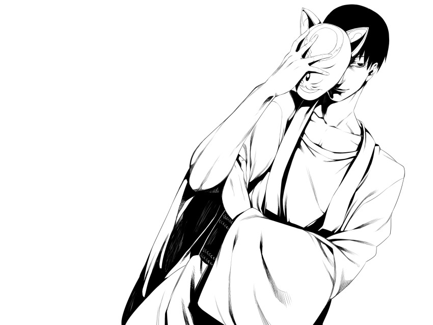 1boy, fox_mask, greyscale, highres, irohara_mitabi, lineart, male_focus, mask, monochrome, robe, saitou_takashi, shirt, solo, t-shirt, wide_sleeves, zaregoto_series