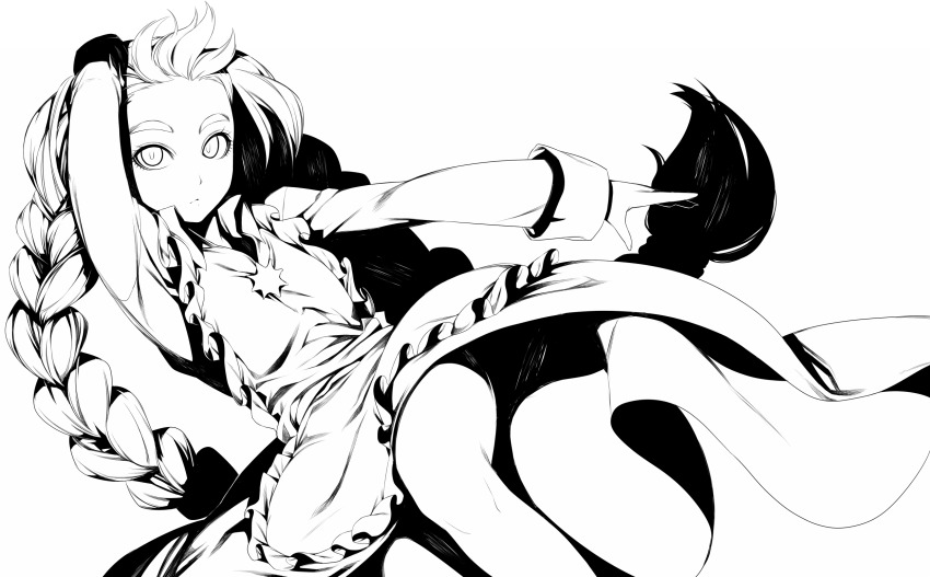 1girl, braid, female_focus, greyscale, highres, irohara_mitabi, jewelry, lineart, long_hair, maid, monochrome, necklace, omokage_magokoro, solo, very_long_hair, zaregoto_series