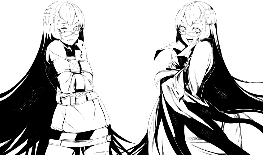2girls, absurdres, bandages, cape, fangs, female_focus, glasses, greyscale