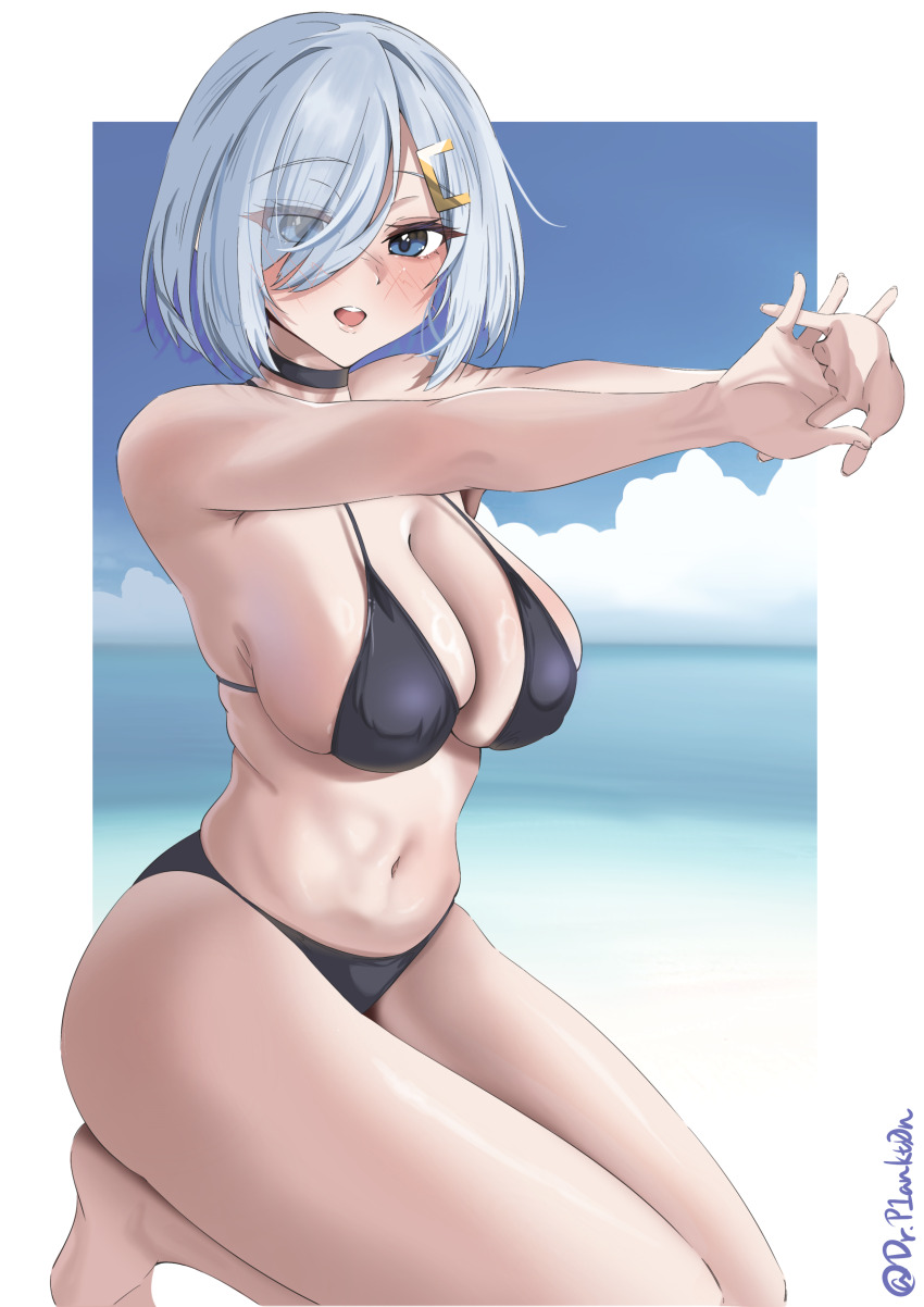 1girl, absurdres, beach, bikini, black_bikini, blue_eyes, blue_sky, blush