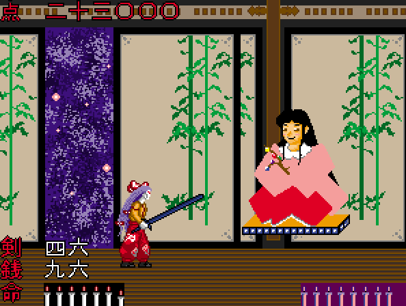 13ya_nokkii, 2girls, black_hair, candle, female_focus, fujiwara_no_mokou, full_body, genpei_touma_den, heads-up_display, houraisan_kaguya, indoors, japanese_text, minamoto_no_yoritomo, multiple_girls, parody, pixel_art, plant, purple_hair, sitting, standing, sword, taira_no_kagekiyo, touhou, user_interface, weapon