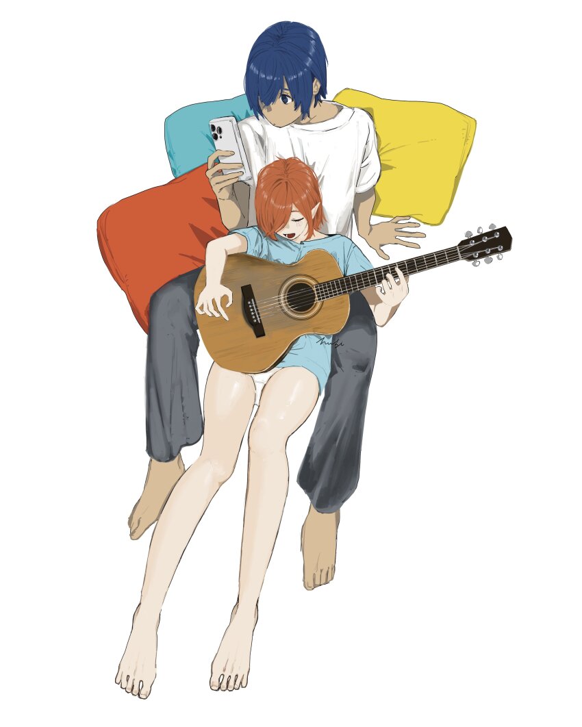 1boy, 1girl, absurdres, alternate_costume, barefoot, black_pants, blue_eyes, blue_hair, blue_shirt, cellphone, closed_eyes, commentary_request, contemporary, dark-skinned_male, dark_skin, gallica_(metaphor:_refantazio), guitar, hair_over_one_eye, hhhuzh, highres, holding, holding_instrument, holding_phone, instrument, metaphor:_refantazio, music, one_eye_covered, orange_hair, panties, pants, phone, playing_instrument, pointy_ears, protagonist_(metaphor:_refantazio), shirt, short_hair, short_sleeves, simple_background, smile, toes, underwear, white_background, white_panties, white_shirt