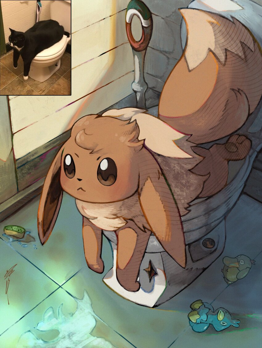absurdres, animal_focus, brown_eyes, brown_fur, ducklett, ears_down, eevee, gen_1_pokemon