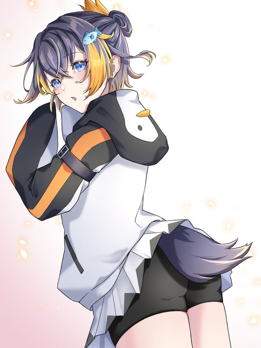 1girl, :o, animal_hood, ass, bike_shorts, black_hair, black_shorts, blonde_hair