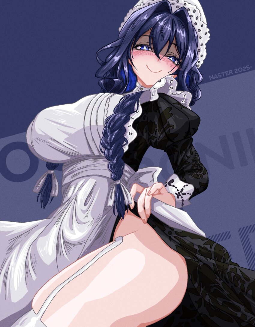1girl, black_dress, blue_eyes, blue_hair, blush, braid, breasts, clothes_lift, dress, dress_lift, garter_straps, hair_intakes, highres, hololive, hololive_english, large_breasts, long_hair, looking_at_viewer, maid, maid_headdress, nasterro, ouro_kronii, ouro_kronii_(maid), puffy_sleeves, smile, solo, thighhighs, twin_braids, virtual_youtuber