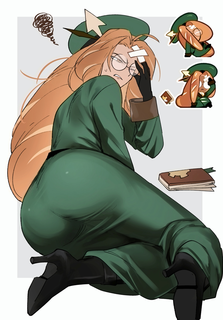 1girl, adjusting_eyewear, ahoge, ankle_boots, arrow_(symbol), ass, baguette_cookie, belt