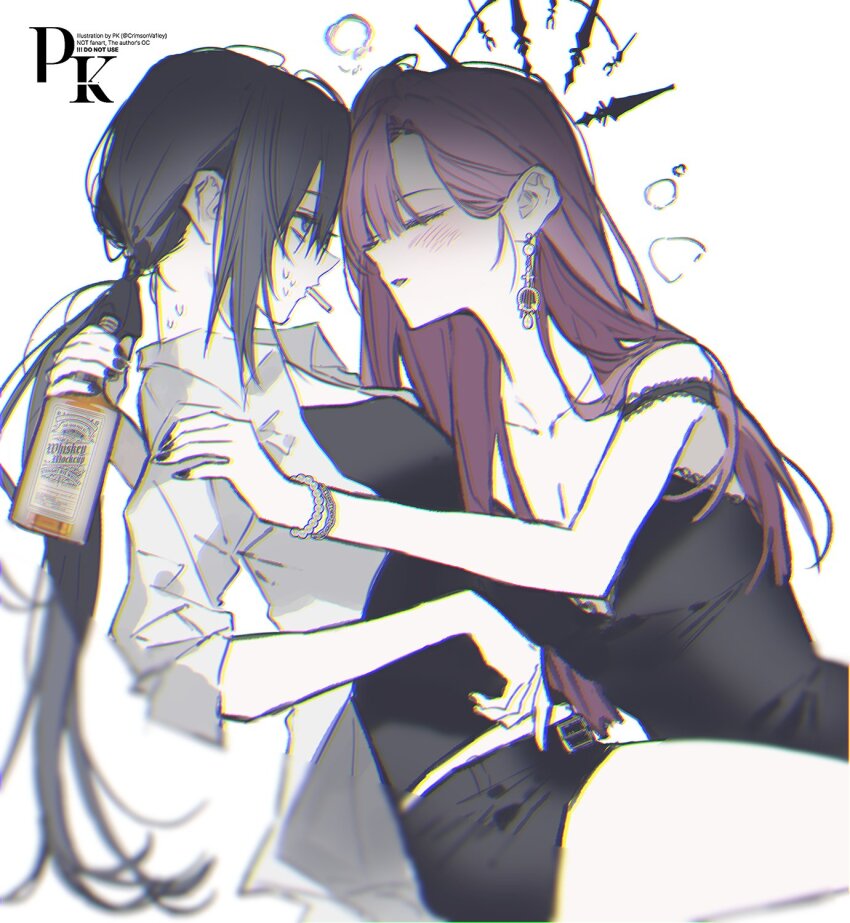 2girls, alcohol, belt, black_hair, black_shirt, black_skirt, blush, bottle