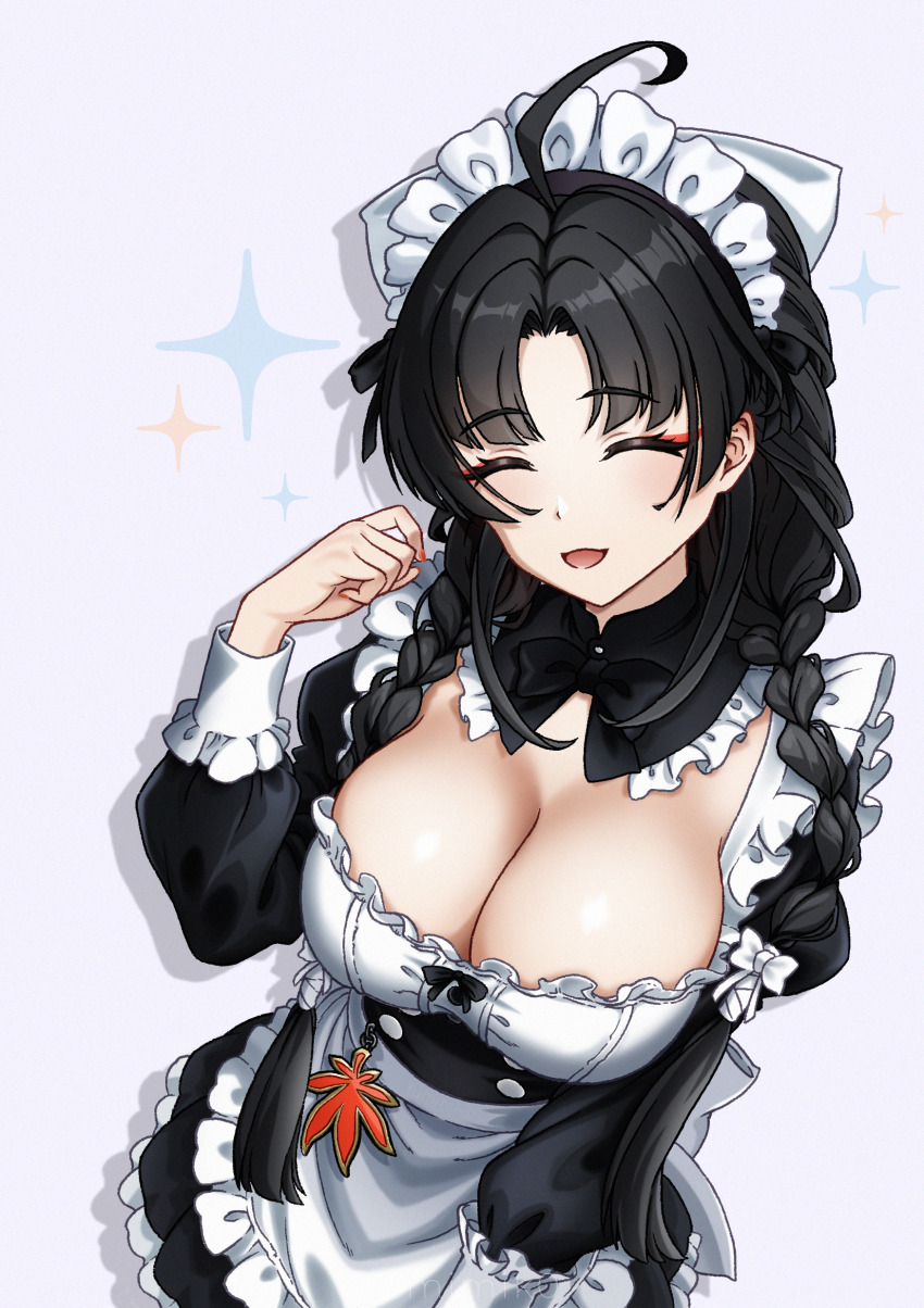 1girl, absurdres, ahoge, alternate_costume, apron, black_dress, black_hair, blush, bow, braid, breasts, chiyo_(strinova), cleavage, closed_eyes, commentary, cowboy_shot, detached_collar, dress, drop_shadow, english_commentary, enmaided, eyeshadow, frilled_dress, frills, fumimik0, hair_bow, hand_up, highres, large_breasts, long_hair, long_sleeves, maid, maid_apron, maid_headdress, makeup, mixed-language_commentary, open_mouth, parted_bangs, puffy_long_sleeves, puffy_sleeves, red_eyeshadow, shadow, sidelocks, simple_background, smile, solo, standing, strinova, twin_braids, white_background, white_bow