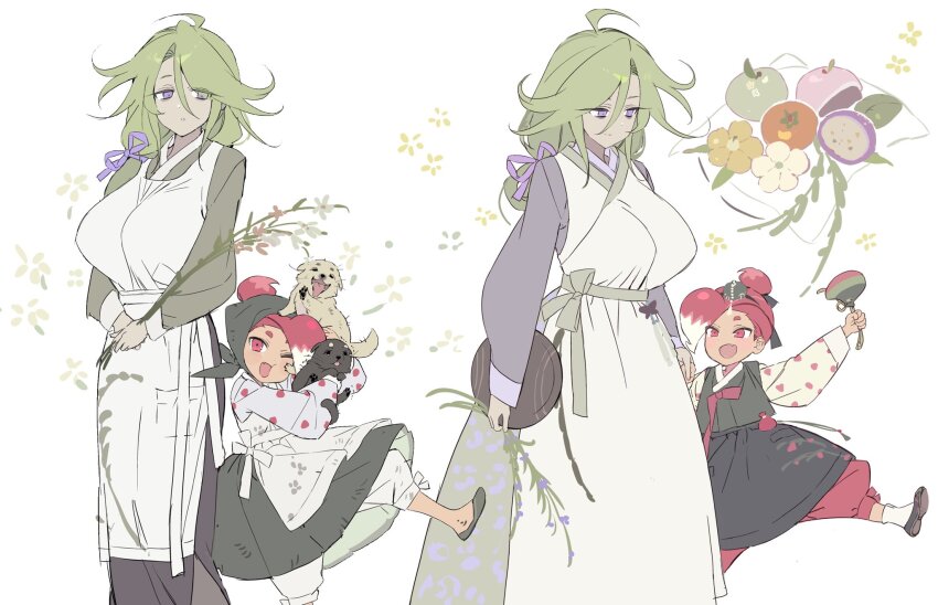 2girls, :d, ;d, age_difference, ahoge, animal, ankle_socks, apron