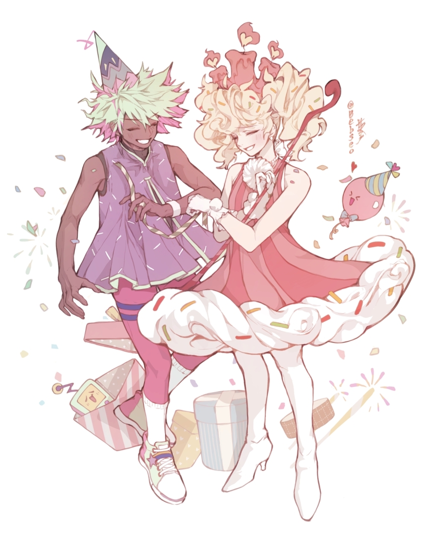 >_<, 2girls, :d, ^_^, balloon, bare_arms, bare_shoulders, bebseo