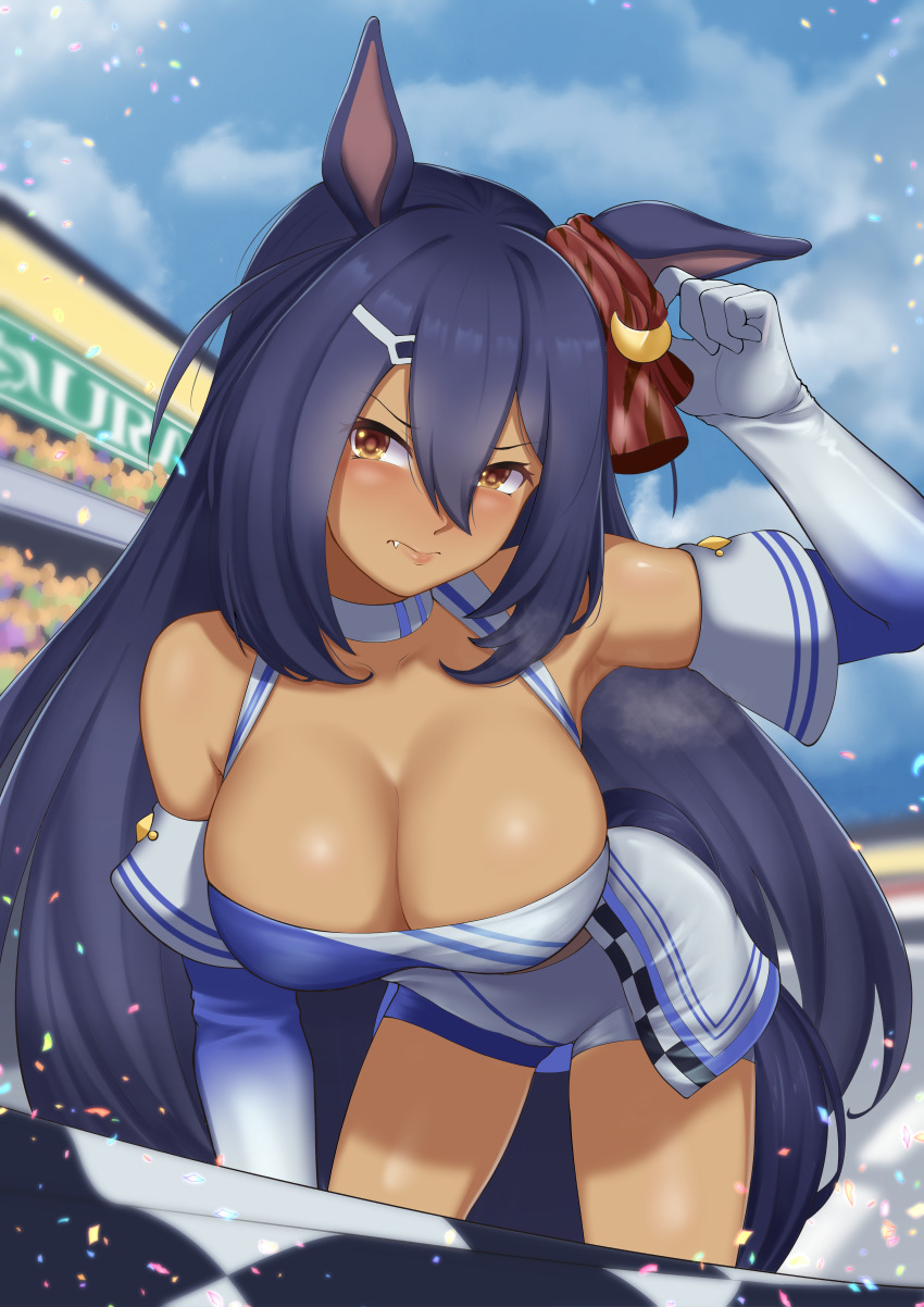 absurdres, ahoge, animal_ears, arm_up, armpits, black_hair, blue_sky, blush