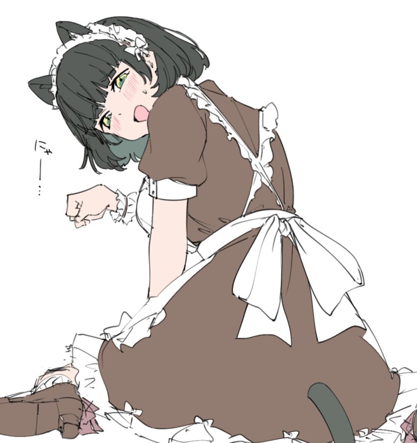 1girl, :d, animal_ears, apron, black_hair, blunt_bangs, bob_cut, breasts