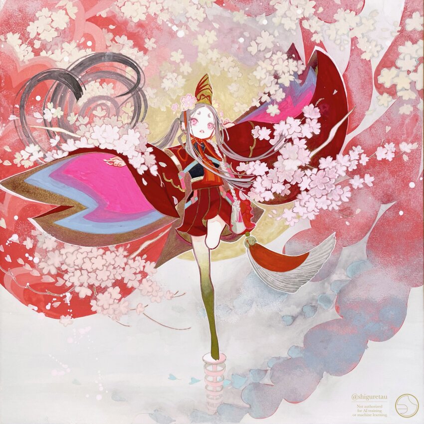 1girl, absurdly_long_hair, absurdres, artist_logo, artist_name, bare_legs, belt, cherry_blossoms, colored_skin, crop_top, eyelashes, grey_hair, hakama, hakama_shorts, hat, highres, japanese_clothes, kimono, logo, long_hair, original, pink_pupils, red_kimono, rope, shiguretau, shorts, sidelocks, solo, standing, standing_on_one_leg, tate_eboshi, thick_thighs, thighs, twintails, twitter_username, very_long_hair, wide_sleeves