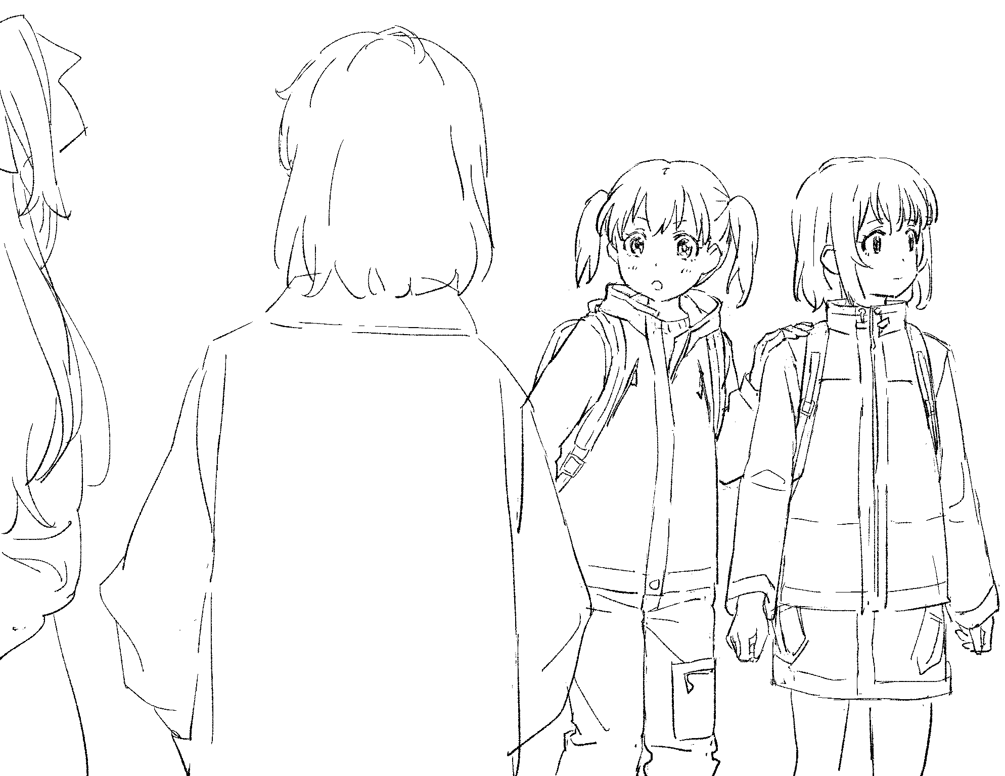 4girls, backpack, bag, closed_mouth, coat, crossover, greyscale, hair_ribbon