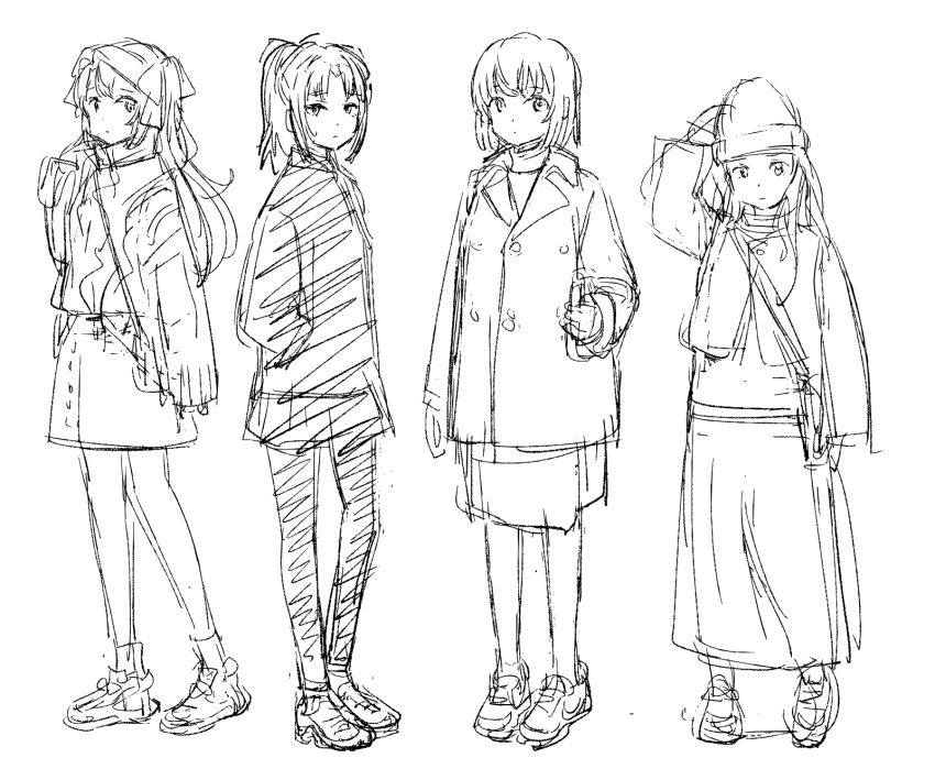 4girls, bag, beanie, coat, expressionless, greyscale, handbag, hat