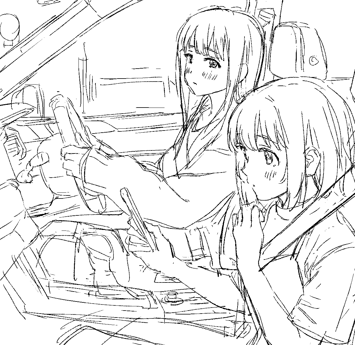2girls, blush, car_interior, cellphone, closed_mouth, driving, gujou_kanade, holding