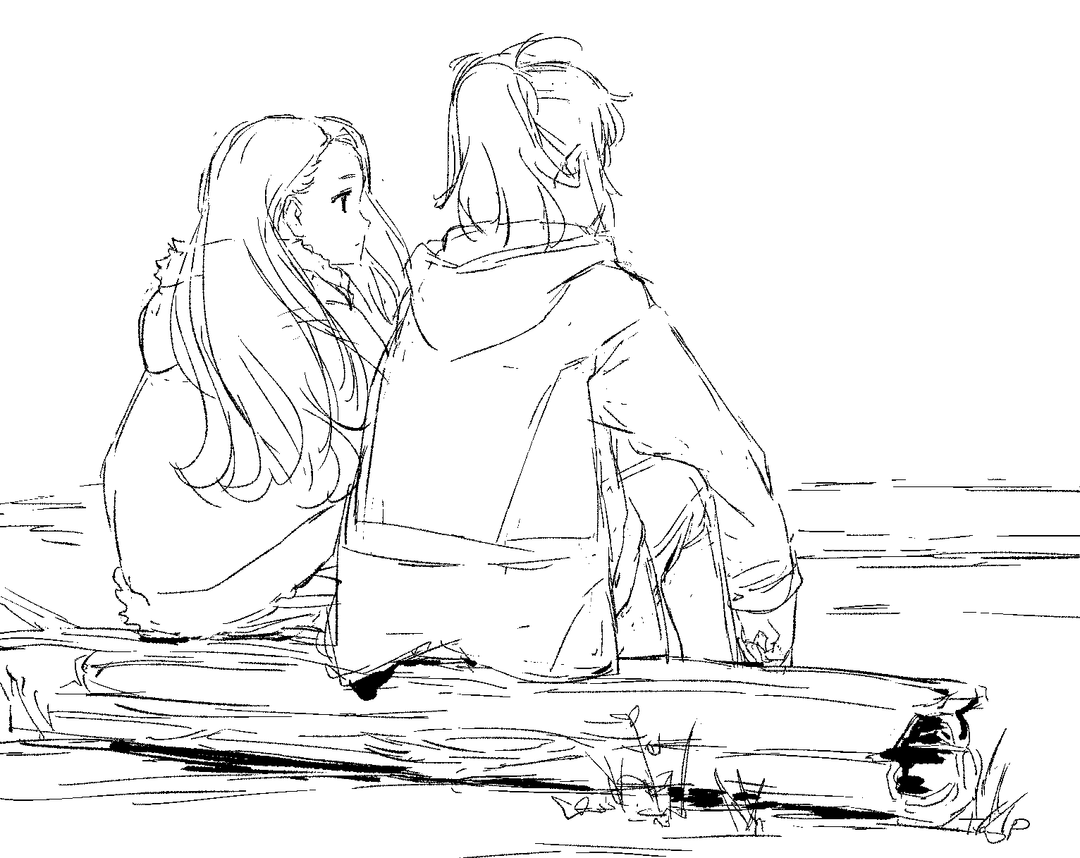 2girls, beach, grass, greyscale, highres, jacket, kamiina_botan_yoeru_sugata_wa_yuri_no_hana, kitamori_yaeka