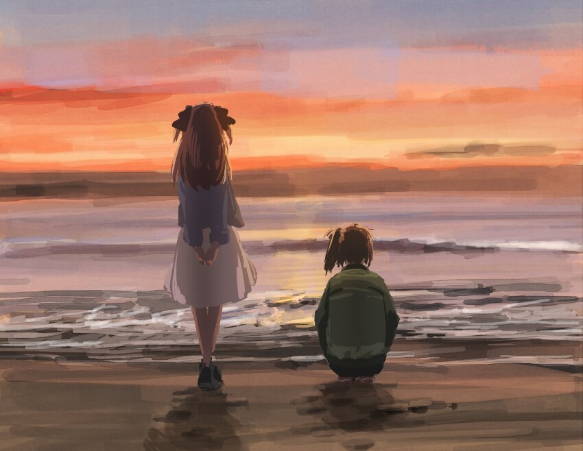 2girls, beach, black_ribbon, blue_jacket, brown_hair, from_behind, green_jacket, hair_ribbon, highres, horizon, jacket, kamiina_botan_yoeru_sugata_wa_yuri_no_hana, long_hair, multiple_girls, nazo_no_anime-dan, ocean, outdoors, ribbon, sand, skirt, squatting, standing, sunset, two_side_up, white_skirt, yusa_akane
