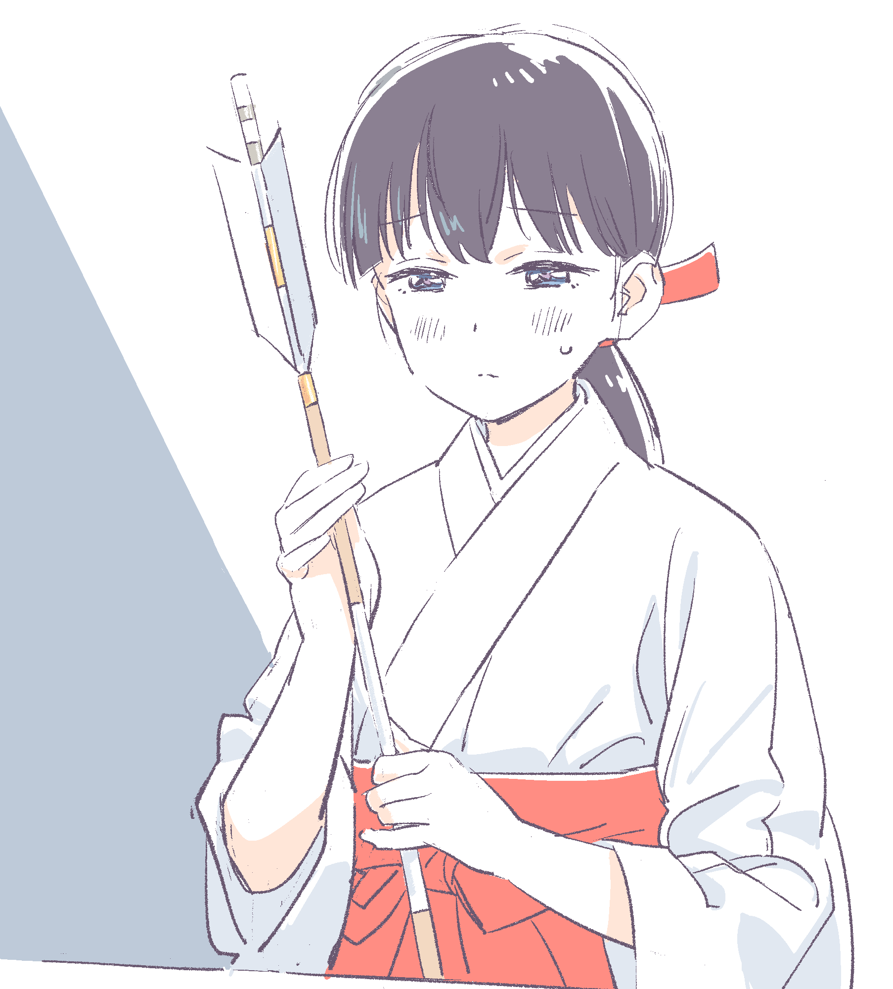 1girl, arrow_(projectile), blue_eyes, blush, closed_mouth, gujou_kanade, hakama, highres